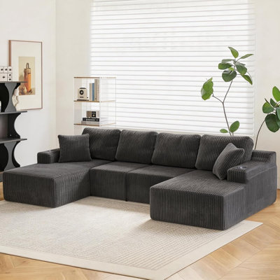 Canapé modulaire en forme de U de 130 po avec méridienne, siège modulaire en velours côtelé désossé pour le salon, canapé Cloud avec porte-gobelets et poches latérales, sans assemblage (gris)