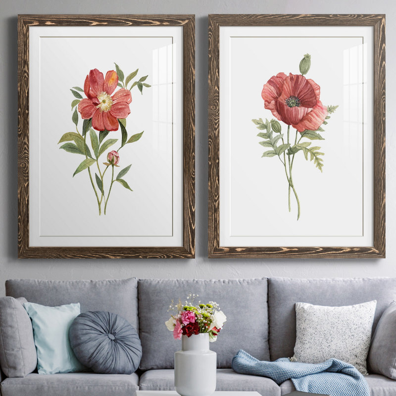 Pivoine écarlate - ensemble de 2 reproductions d'art, H 31,5 po x l 47 po x P 1,5 po, Papier, cadre noyer, Blanc