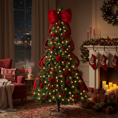 Arbre de Noël artificiel éclairé 7,5 pi avec ornements de nœuds géants et de boules rouges