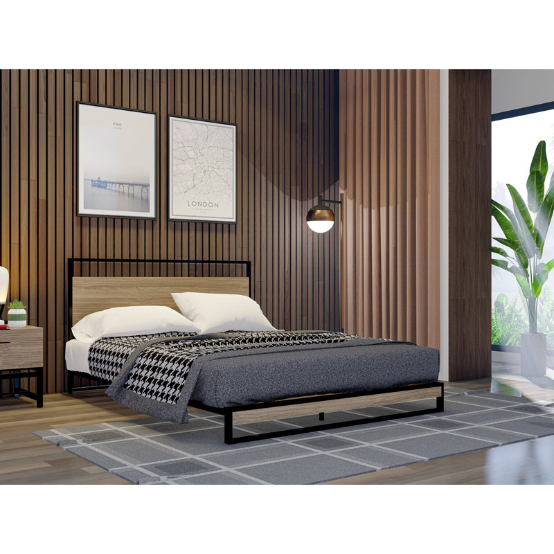 Wilson Queen Frame with 3 Supporting Legs - High-class Bed Frame in Powder Coating Black Colour and Weathered Wood Laminate