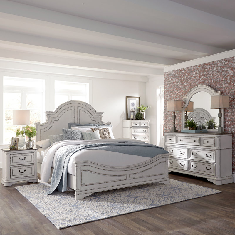 Colchester King Panel Bed, Dresser & Mirror, Chest, Nightstand Bedroom Set - Antique White, King, Antique White