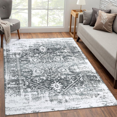 Tapis lavable à la machine pour grand salon 9 x 12, tapis pliant ultra mince à poils courts avec envers antidérapant, revêtement de sol oriental oriental pour la chambre à coucher - gris