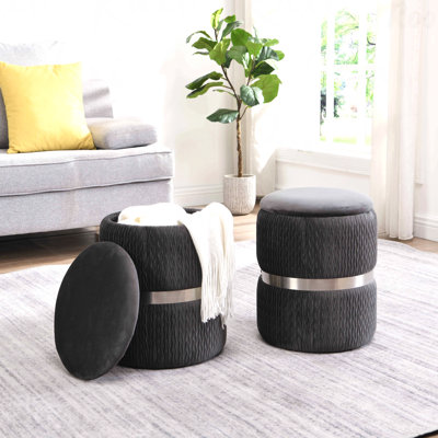 Modern Velvet Upholstered Round Ottoman - With Storage Function