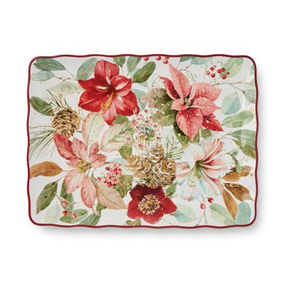 Winter Blooms Holiday Rectangular Platter – 16" x 12" Ceramic Serving Tray with Poinsettia Design – Dishwasher & Microwave Safe Christmas Platter for Appetizers & Main Courses