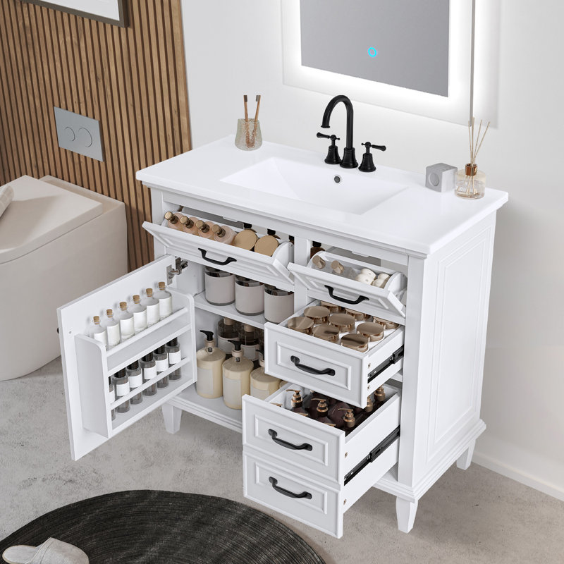 Meuble-lavabo 36 po avec comptoir en céramique, structure en bois massif, armoire en MDF et peuplier, armoire de rangement autoportante