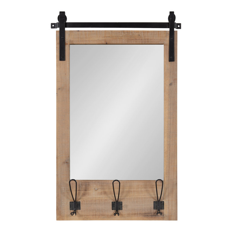 Enora Flat Mirror with Hooks, Rustic Brown
