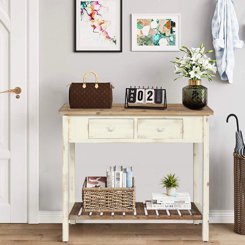 Console vintage à deux tiroirs et tablette ouverte, aspect vieilli, idéale pour les pièces à vivre principales, construction en sapin, hauteur maximale de 82,5 cm (32,48 pouces).