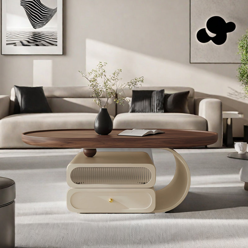 Modern oval coffee table, Cream, 17.1" H x 51.2" L x 27.6" W