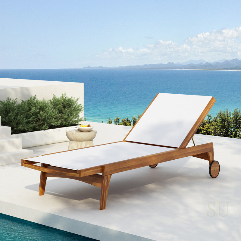 Outdoor Chaise Lounge With Mesh Seating And Acacia Wood Frame For Patio And Backyard Relaxation, White