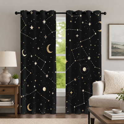2Pcs Gold Celestial Pattern Curtains, Starry Sky Style Curtain, Decorative Moon and Constellation Printed Art Grommet Drapes, Window Treatment for Bedroom Living Room Home Decor
