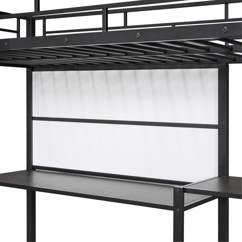 Lit mezzanine simple en métal noir avec bureau et tableau blanc, 3 tablettes, à des fins pratiques, Lit simple, Noir