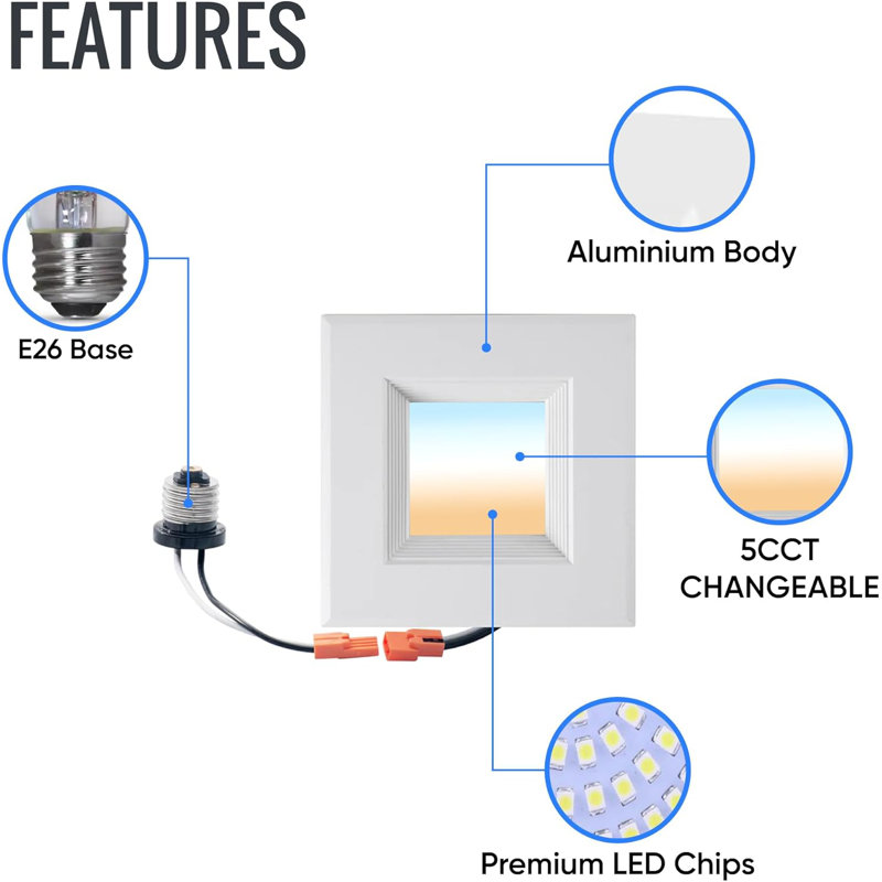 Spot encastré à DEL à intensité variable de 9 W, 5 CCT réglable, 600 lumens (lot de 4), H 8 po x l 15 po x P 15 po