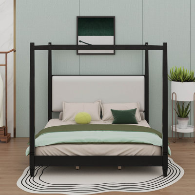 Wood Canopy Bed With Thick Upholstered Headboard, Wooden Four Posters Platform Bed Frame With Wood Slat Support