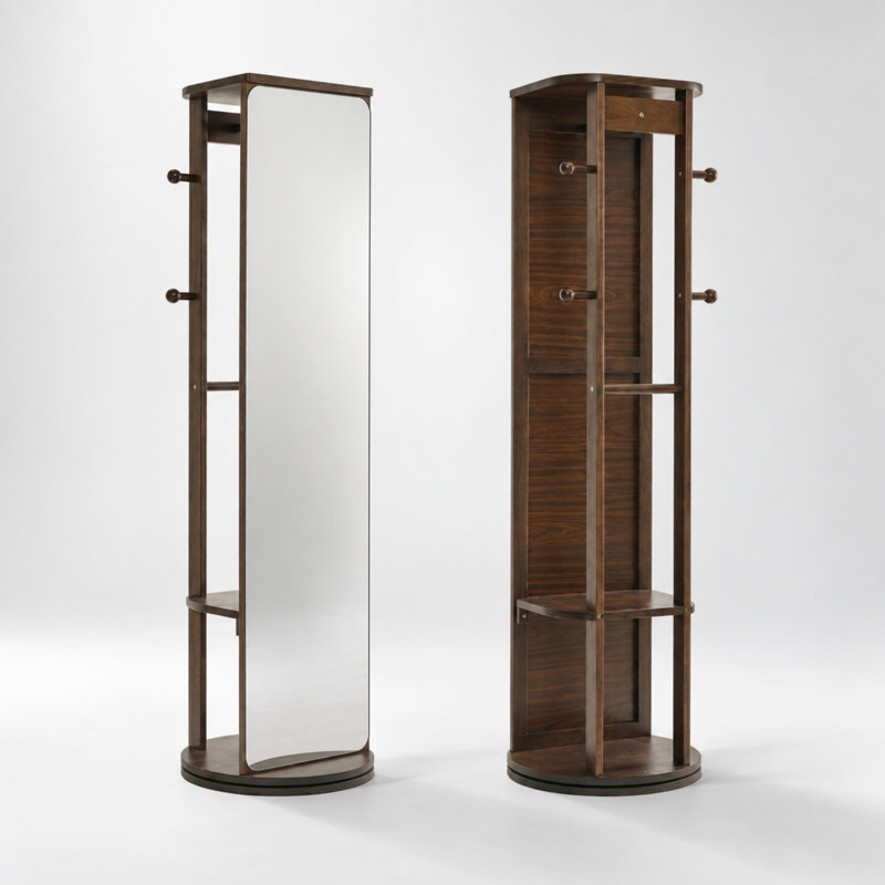 67.72" 360° Rotating Solid Wood Frame Full-Length Mirror Cabinet with Shelves and Hooks
