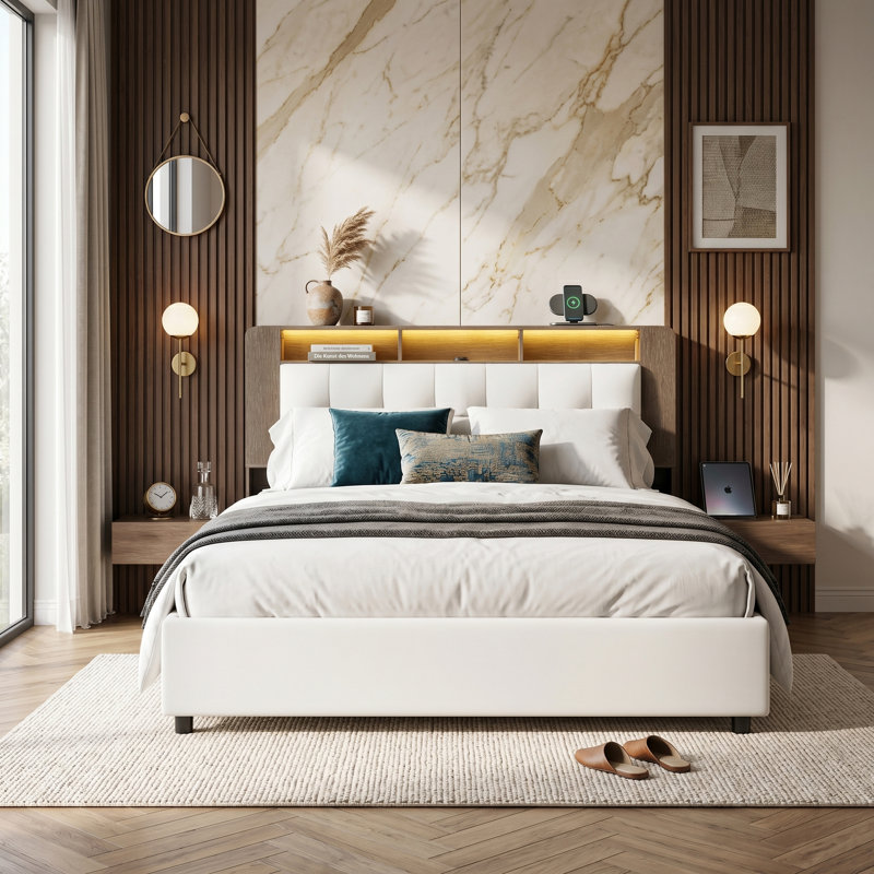 EU Double/King Ottoman Bed With Bookcase Headboard, Storage Frame With LED Lights & Wireless Charging, White & Oak Effect