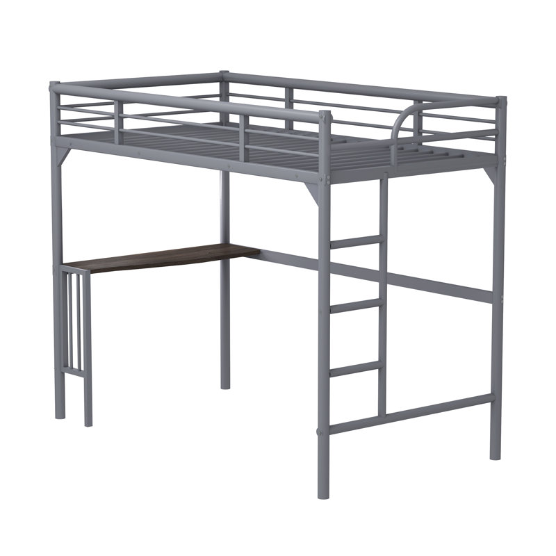 Lit mezzanine en métal avec bureau, échelle et garde-corps, Argent