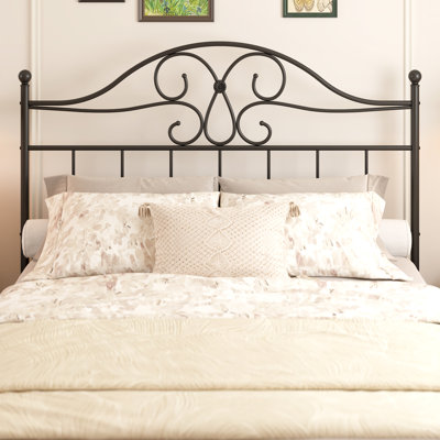 Grande tête de lit à volutes en métal, tête de lit en fer forgé courbé rétro avec trous de fixation réglables, tête de lit décorative en métal noir pour cadre de grand lit