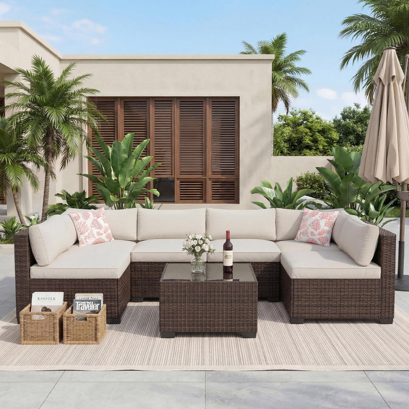Ensemble modulaire d'extérieur 7 pièces avec coussins lavables et table basse en verre en forme de L en osier pour le jardin, le bord de la piscine, la cour