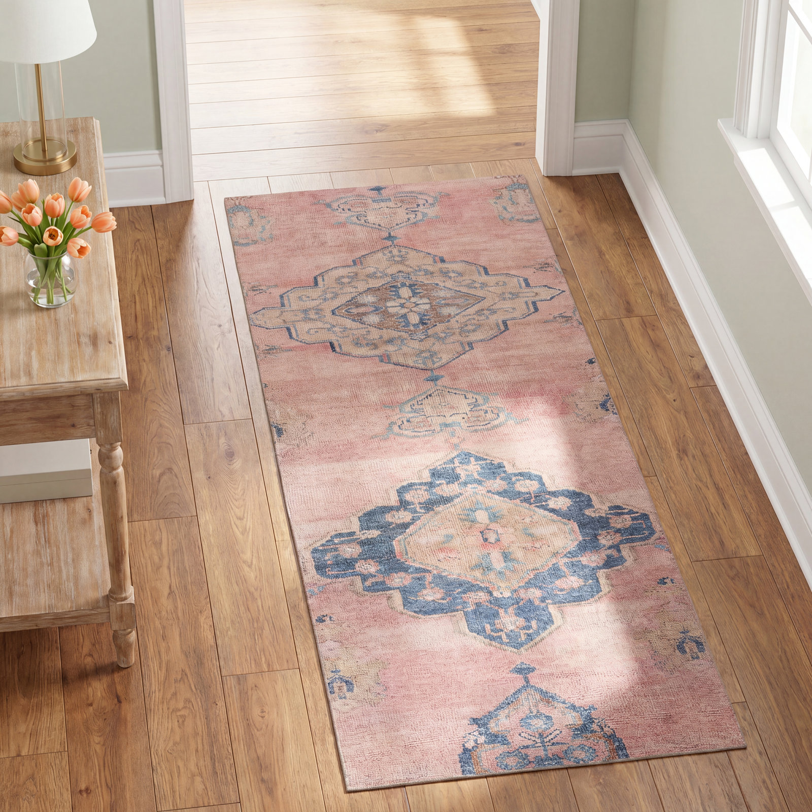 Machine Washable Pink/Blue Rug, Runner 3' x 10'