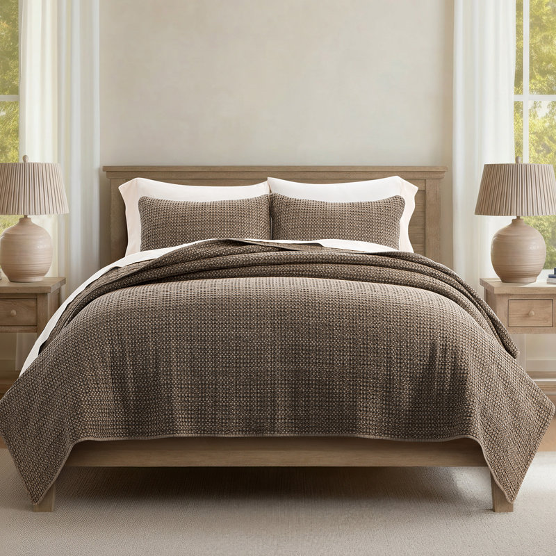 Stonewashed 100% Natural Cotton Waffle Quilt Set, Queen Quilt + 2 Standard Shams, Mushroom Brown