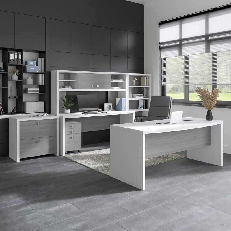 Ensemble de bureau d'écriture rectangulaire avec rehausse 5 pièces Office 500 Collection, Blanc pur / gris moderne