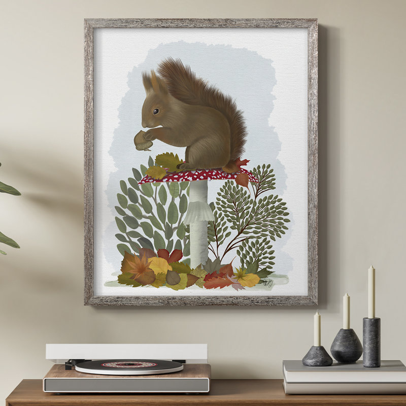 Red Squirrel On Mushroom Framed Print - Solid Wood, 11" H x 9" W