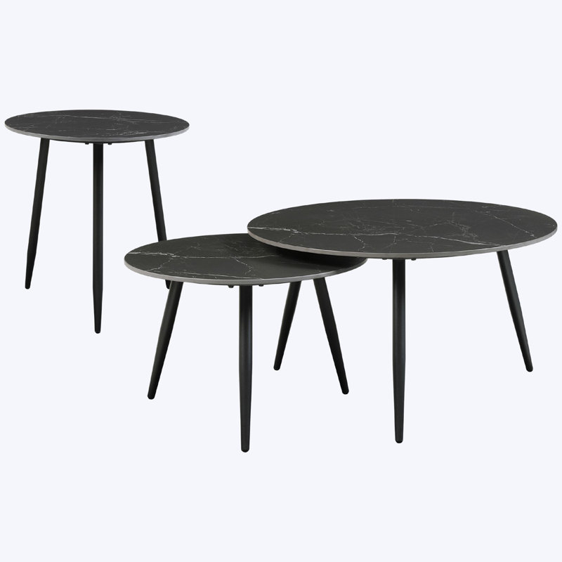 Black Sintered Stone and Metal 3-Piece Nesting Table Set