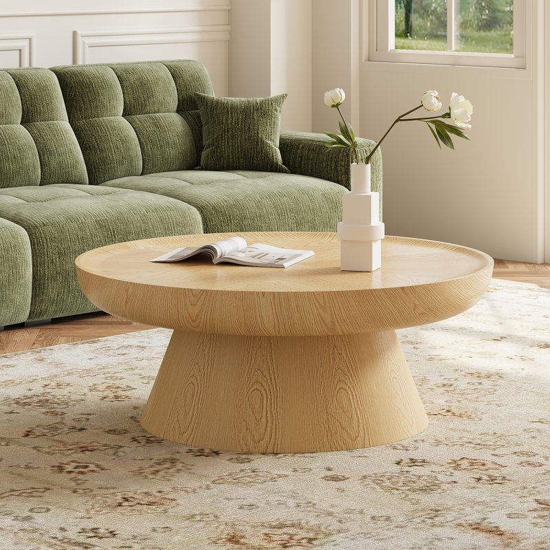 Table basse ronde en noyer rustique 35,43 po avec base conique épaisse, aucun assemblage requis, Naturel