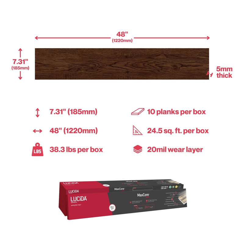 Plancher en vinyle de luxe MaxCore Pro 20 mil x l 7,3 po x L 48 po, Queue de cheval
