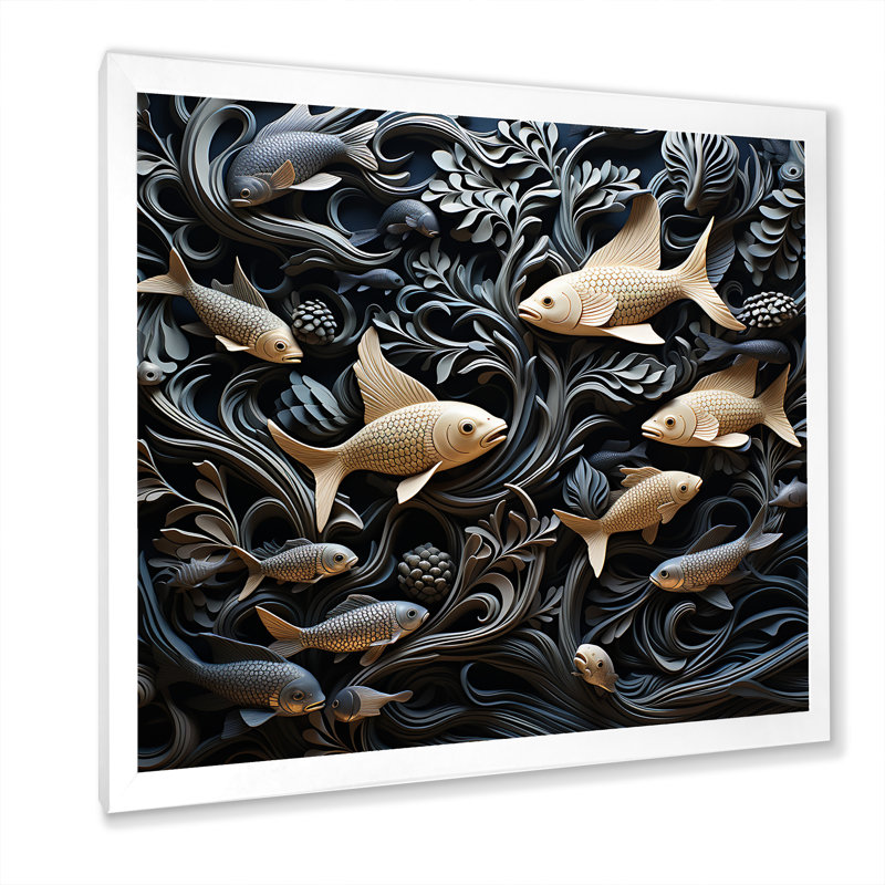 Poisson dans la mer, collage en noir sur toile, Cadre simple blanc, H 30 po x l 30 po x P 1 po