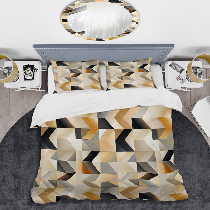 Natural Tones Grey And Beige Mosaic Geometric Shapes Duvet Cover, Twin Duvet Cover + 1 Standard Sham, Geometric Shapes 14