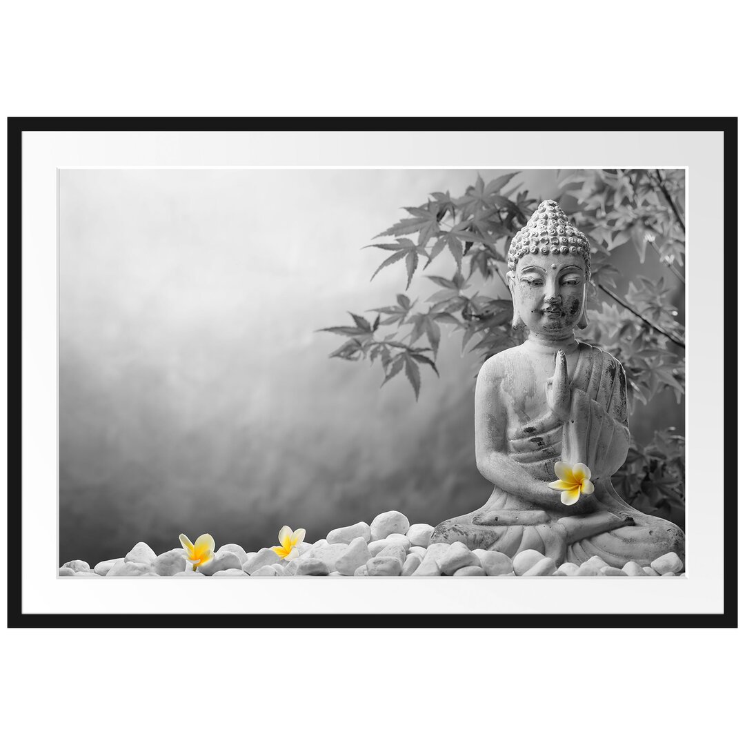 Gerahmtes Poster Buddha mit Monoi Blüte in der Hand