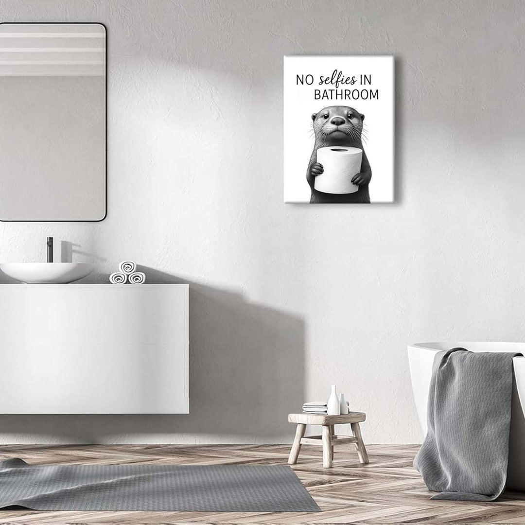 Funny Bathroom Canvas Wall Art Cute Otter Wall Decor Bathroom Animal Poster Print Funny Otter Holding Toilet Paper Drawing Picture Artwork