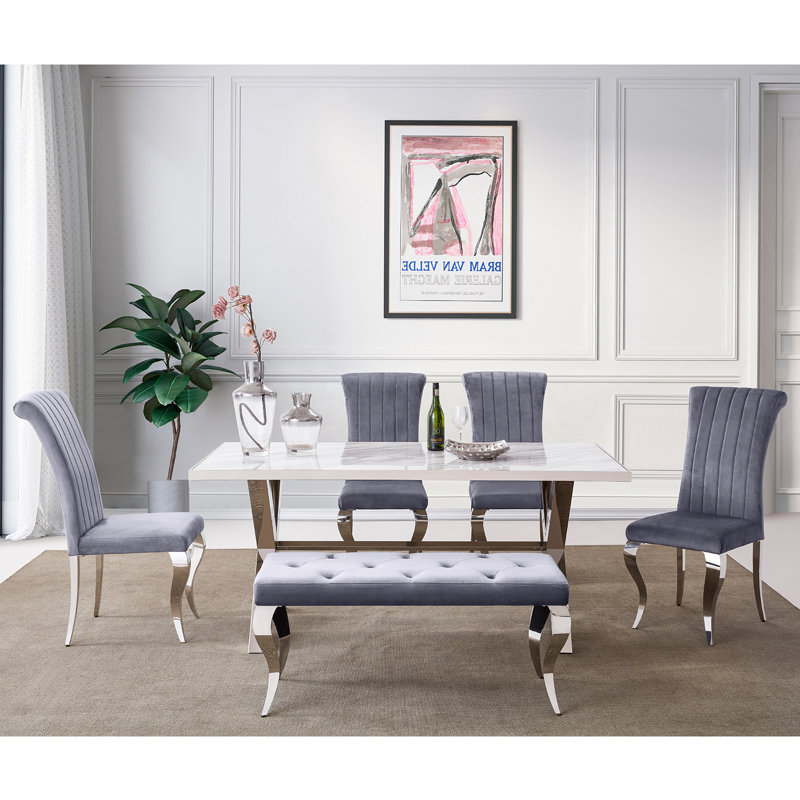 Genuta Grey Velvet Bench with Metal Legs, Gray/Silver