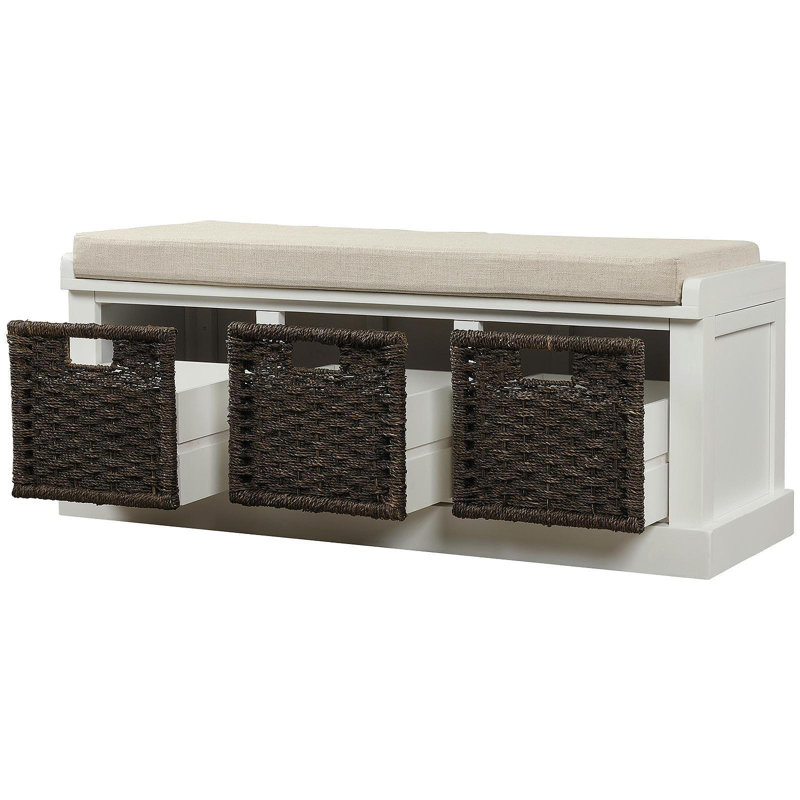 Rustic Storage Bench With 3 Removable Classic Rattan Basket , Entryway Bench Storage Bench With Removable Cushion (White)