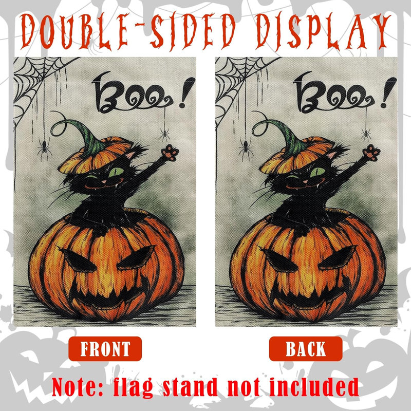 2 drapeaux de jardin d'Halloween Cat Boo avec tête de mort et corbeau rose drapeau de jardin 12 x 18 pouces Halloween
