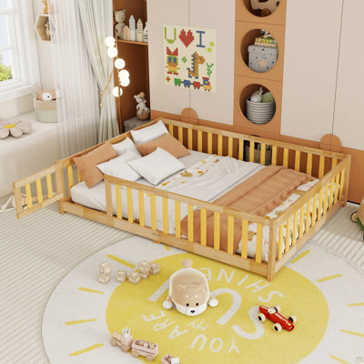 Full Size Floor Bed with Fence and Door,Rubber Wood Floor Bed with Safety Guardrails