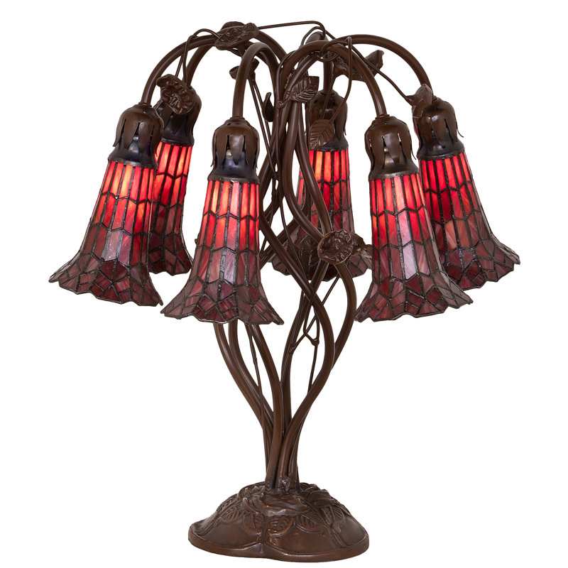 Lampe de table 6 lumières de haut en verre teinté 19 "Pond Lily, Rubis / bronze acajou