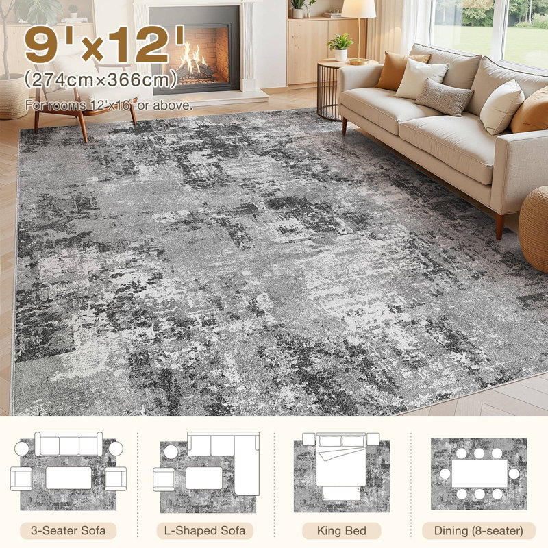 Modern Area Rug Abstract Washable Rugs with Non-Slip Backing for Living Room Bedroom-Gray, Rectangle 9' x 12'