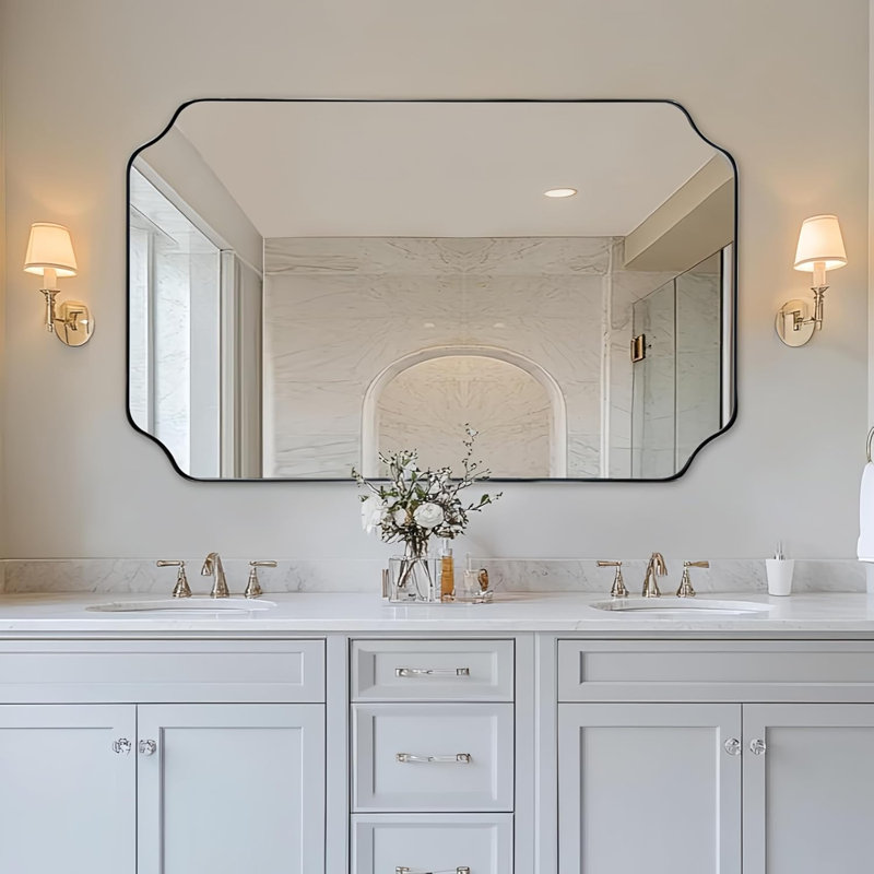 Modern Scalloped Corner Rectangle Bathroom Vanity Mirror | Stainless Steel Frame, Polished Chrome, 48" x 30"