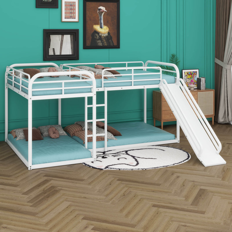 Lit superposé en L spacieux avec glissière et échelle, structure en métal durable, parfait pour un usage familial, Blanc