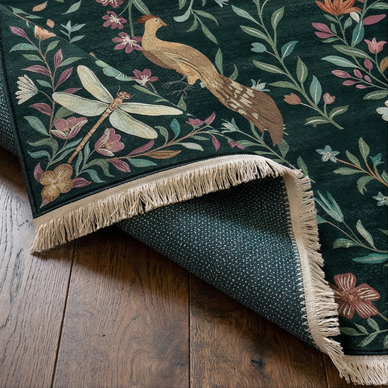 The Elara Enchanted Forest Unicorn Emerald Green 100% Cotton Non-Slip Area Rug