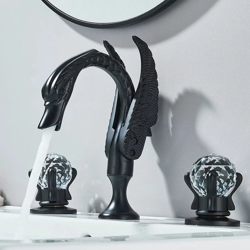 Matte Black Swan Shape 8" Widespread 2-Handle Bathroom Sink Faucet, Deck Mount 3-Hole Vanity Faucet with Crystal Knob Handles