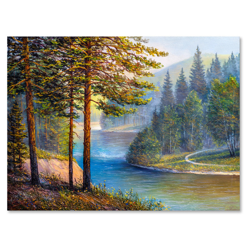 «Morning Sunlight Through The Pine And Fir Forest» - peinture sur toile, H 12 po x l 20 po x p 1 po, Toile tendue
