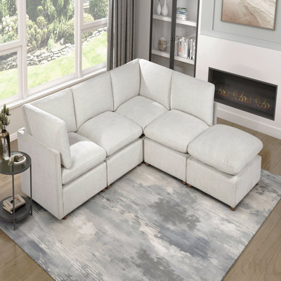 Canapé modulaire moderne 5 pièces avec repose-pieds et tissu beige rembourré avec cadre en bois massif