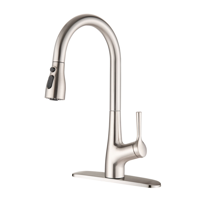 Topcraft Single Handle Single Hole Pull Down Kitchen Sink Faucet with Baseplate, Stainless Steel/Brushed Nickel