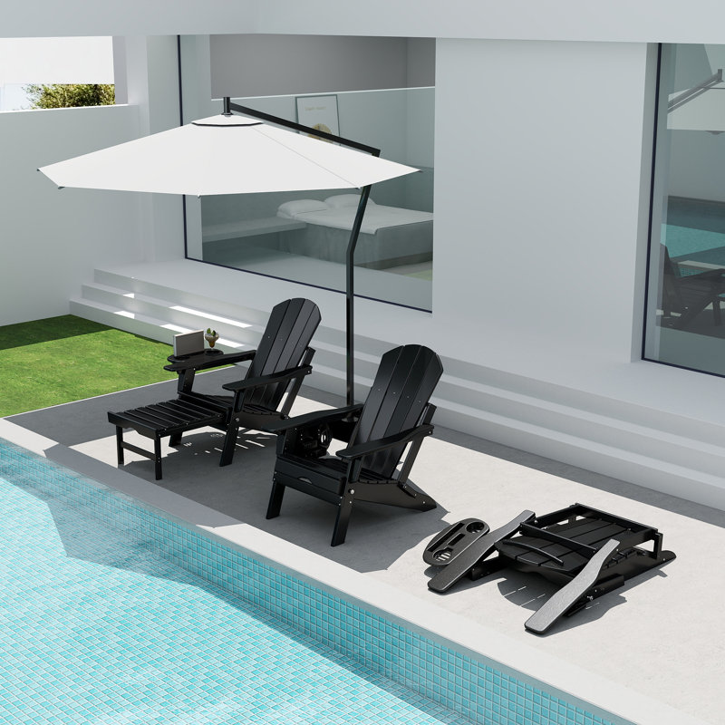 HDPE Folding And Adjustable Adirondack Chair With Ottoman, Black