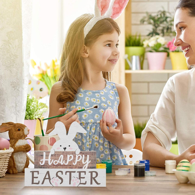 Joyeuses Pâques, panneau de table de lapin de Pâques, bloc de bois, dictons, tableau de Pâques en bois, décorations rustiques de lapin campagnard