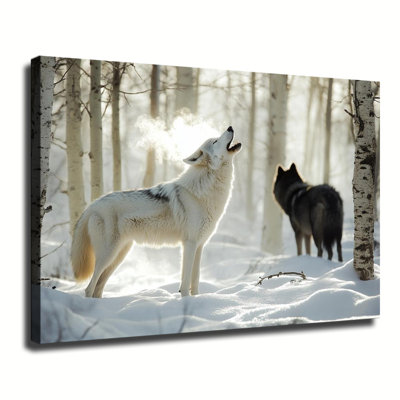 Loup hurlant dans une forêt de bouleaux enneigée, impression d'art sur toile tendue grand format, idéale pour le salon ou la chambre.