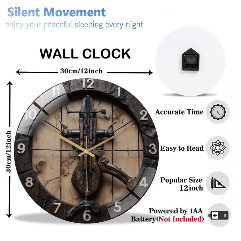 Horloge avec arbalète et os à la main - horloge murale 12 po